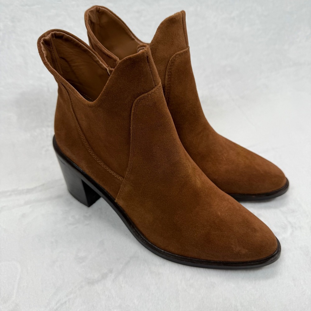 Seychelles Suede Ankle Boots Heel Stacked Brown Leather Size 7